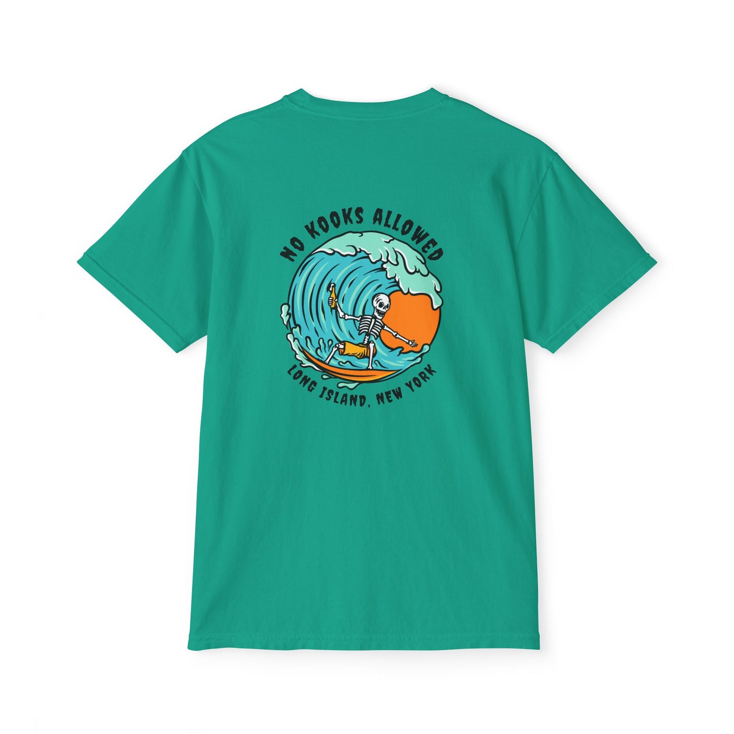 "No Kooks Allowed" Skeleton Surfer Pocket T-Shirt
