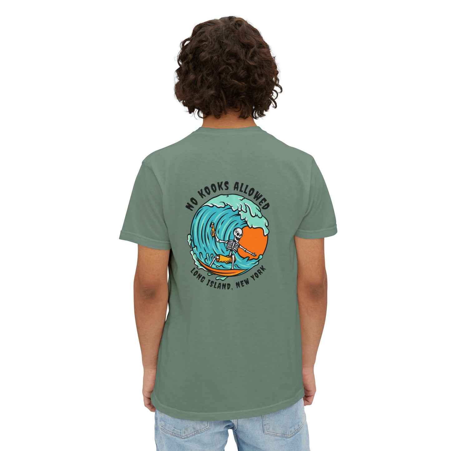 "No Kooks Allowed" Skeleton Surfer Pocket T-Shirt