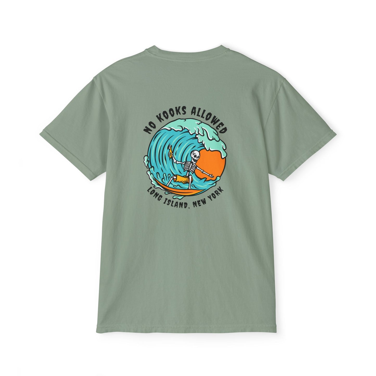 "No Kooks Allowed" Skeleton Surfer Pocket T-Shirt