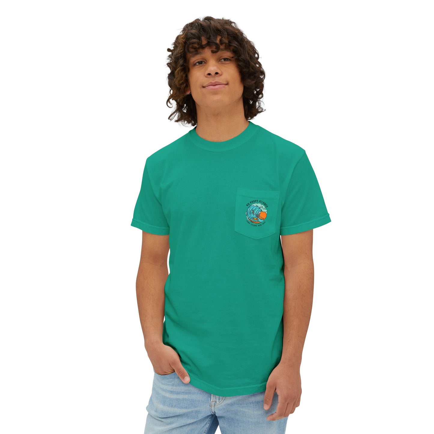 "No Kooks Allowed" Skeleton Surfer Pocket T-Shirt