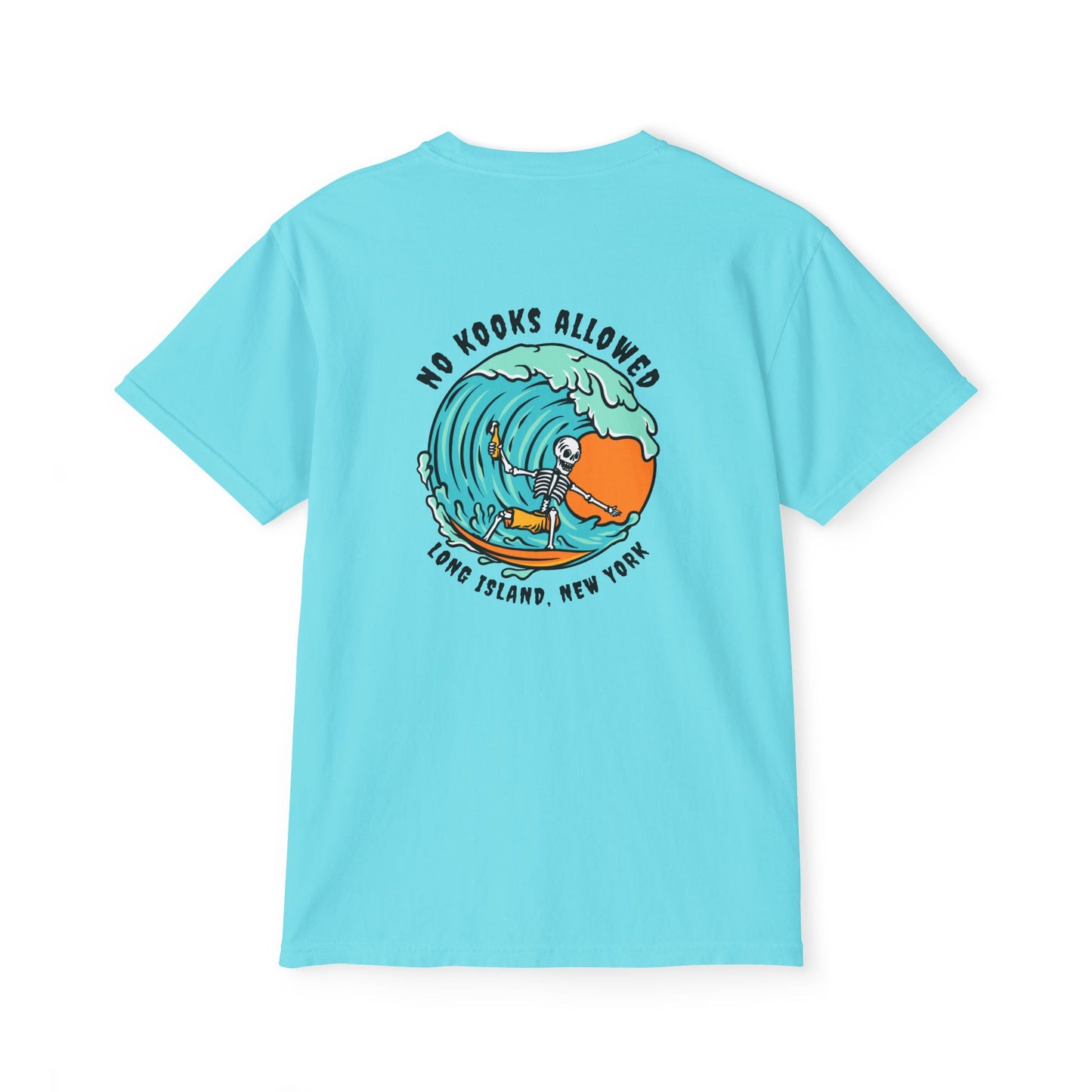 "No Kooks Allowed" Skeleton Surfer Pocket T-Shirt