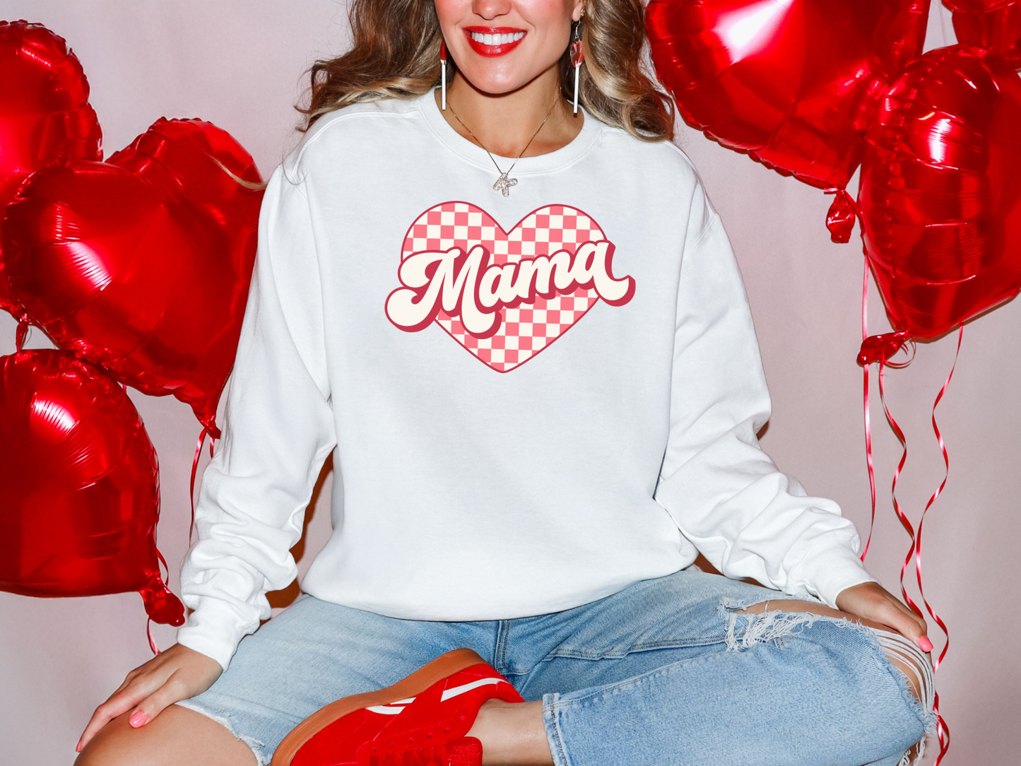 Mama Valentine's Day Sweatshirt, Women's Pullover Jumper, Unisex Garment-Dyed Top, Gift for Mom, Heart Print Clothing, Valentine's Day