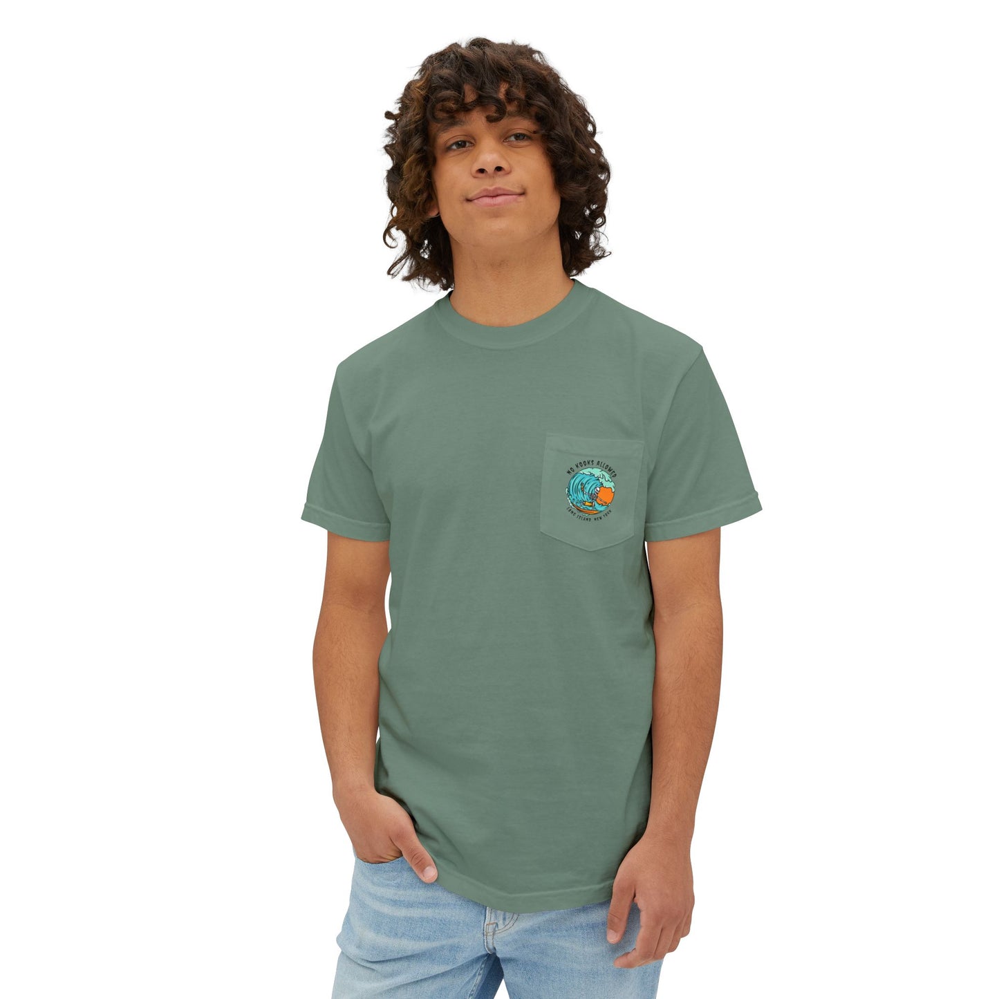 "No Kooks Allowed" Skeleton Surfer Pocket T-Shirt