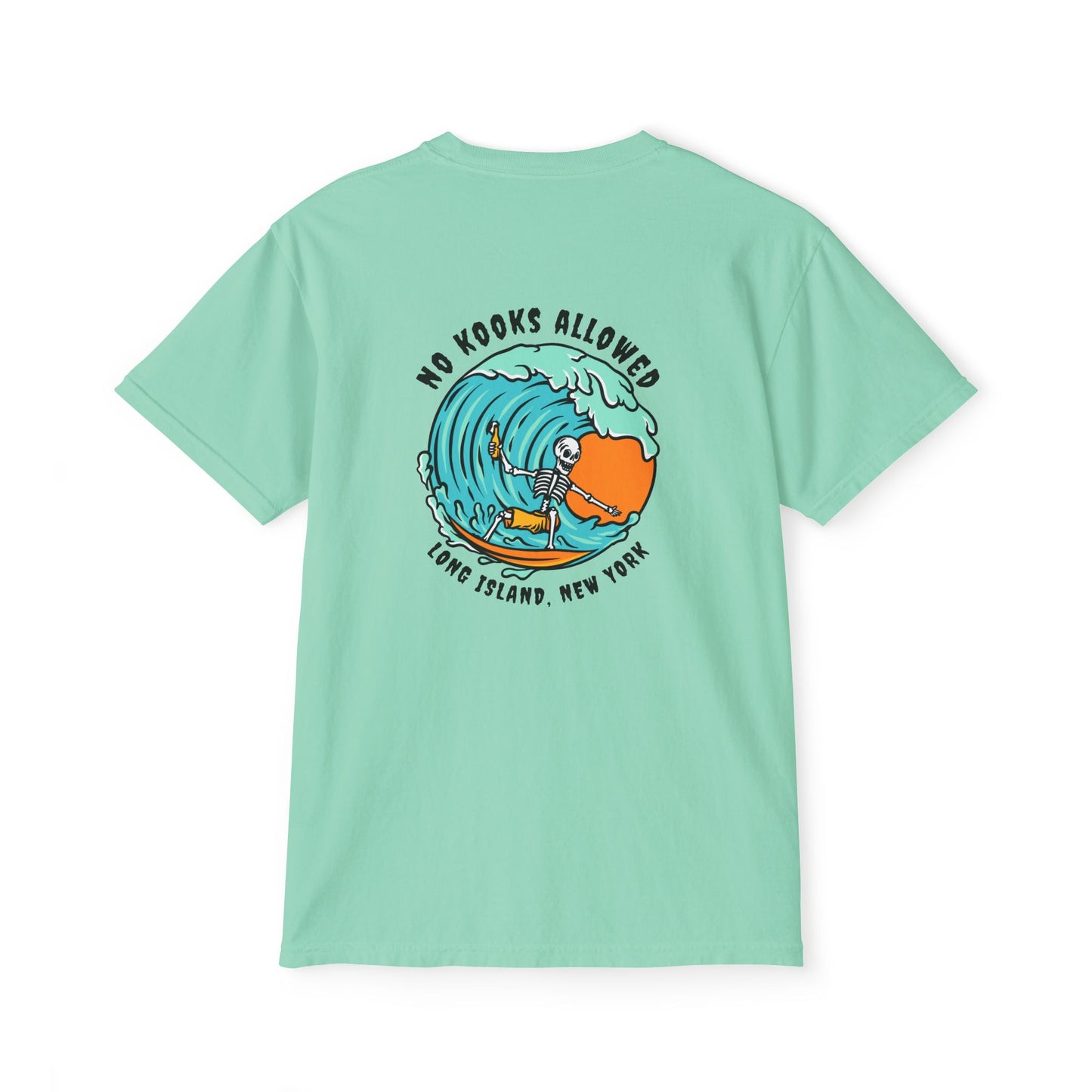 "No Kooks Allowed" Skeleton Surfer Pocket T-Shirt
