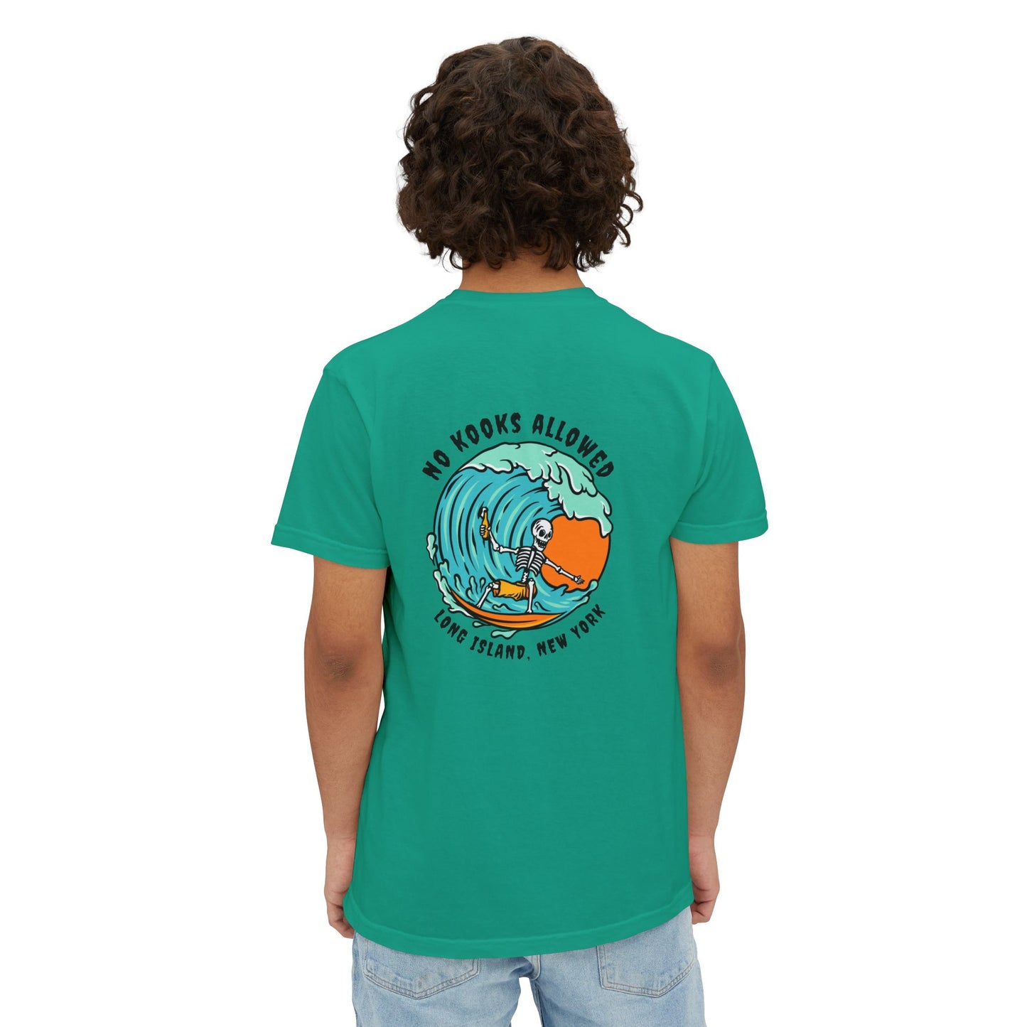 "No Kooks Allowed" Skeleton Surfer Pocket T-Shirt