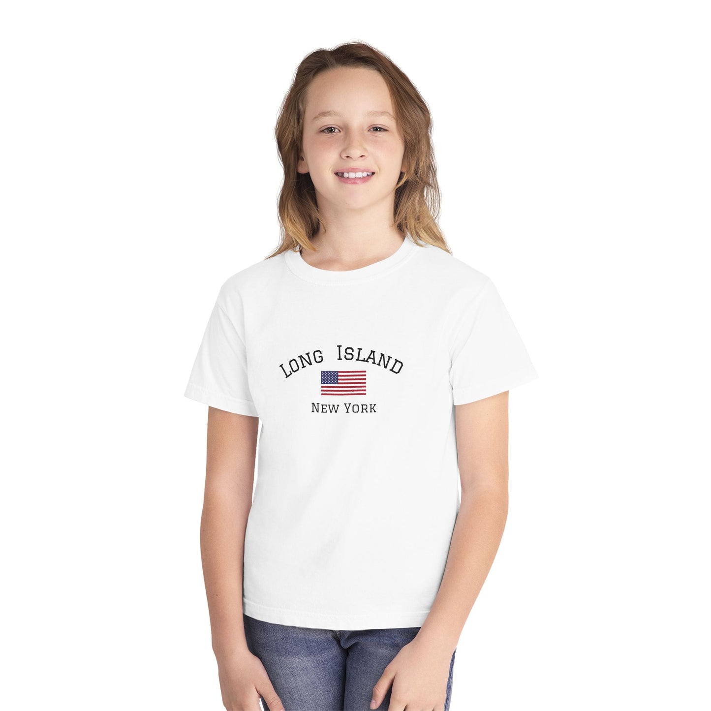 Youth Tee with American Flag and Long Island New York Design