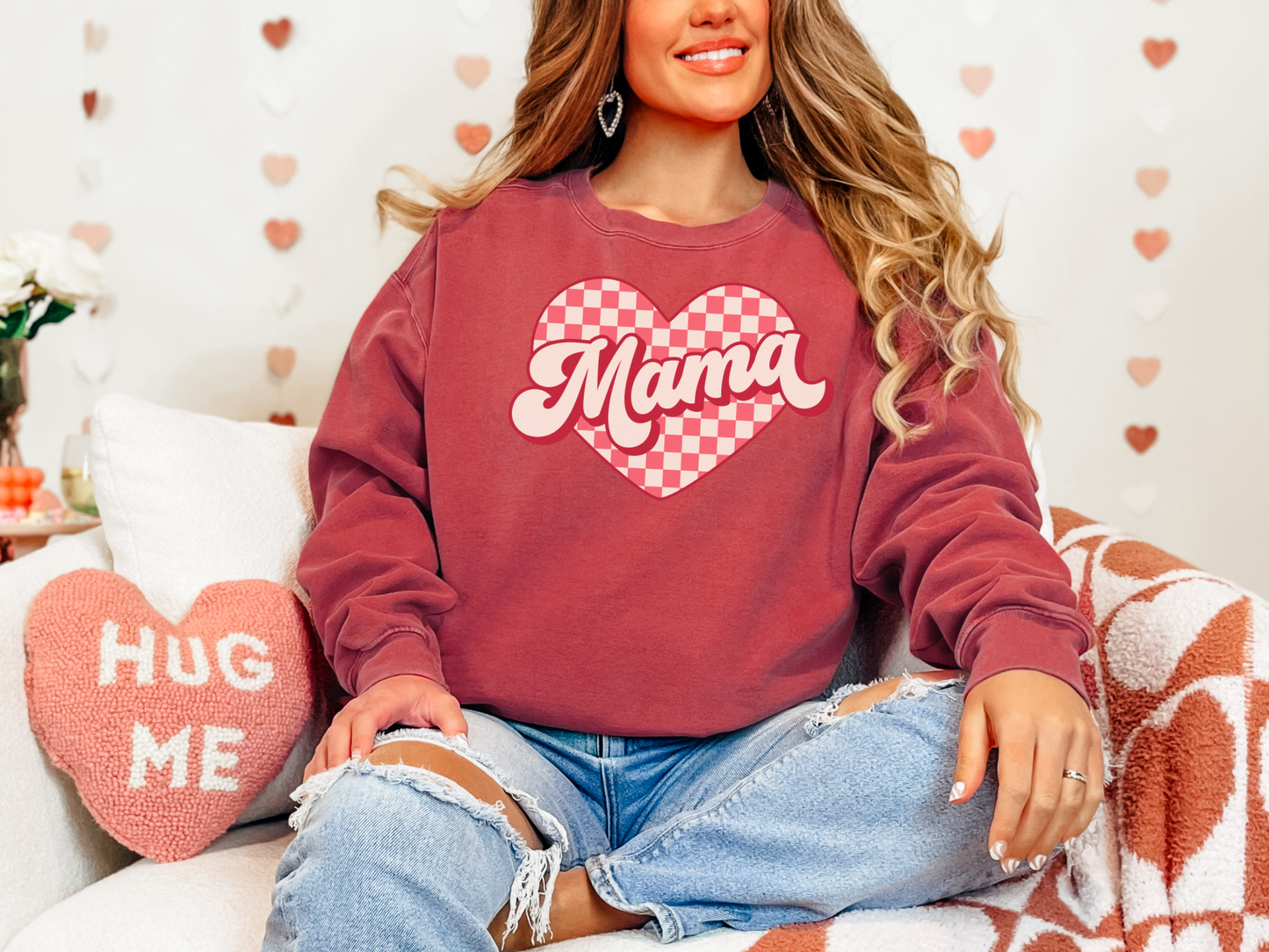 Mama Valentine's Day Sweatshirt, Women's Pullover Jumper, Unisex Garment-Dyed Top, Gift for Mom, Heart Print Clothing, Valentine's Day